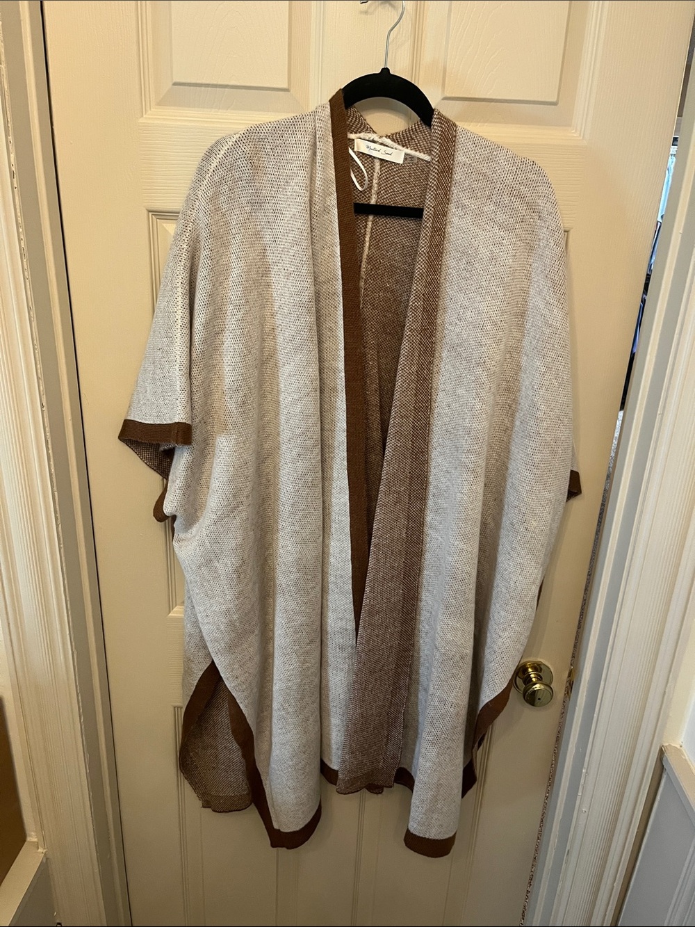 Mustard Seed Cream and Brown Open Front Knit Poncho
